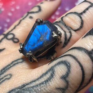 BloodMilk Jewels - Easeful Death. Medium Labradorite Coffin Ring. 9.25 US size